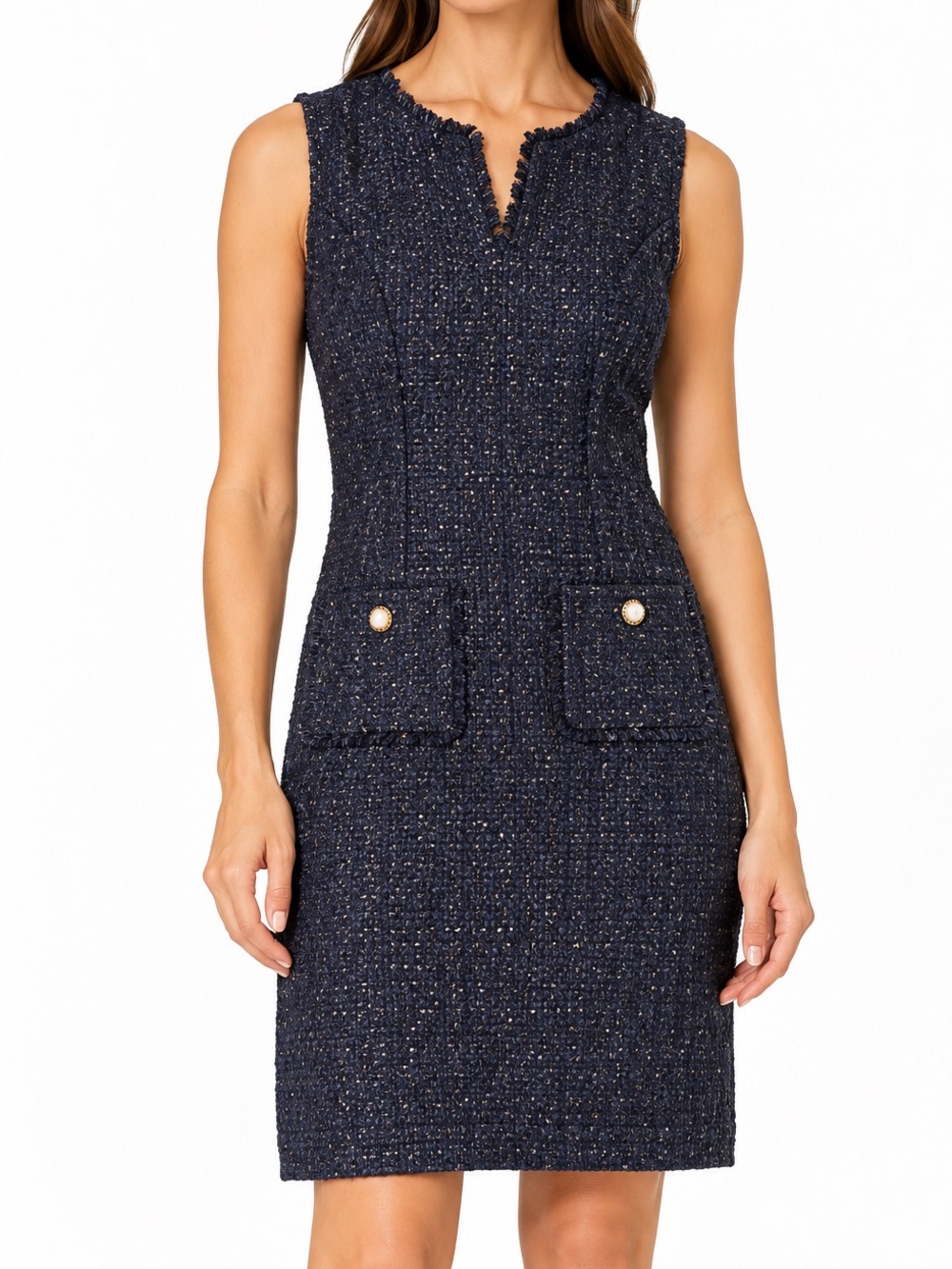 NWT Karl Lagerfeld Navy Silver Tweed  Dress with Pocket Details